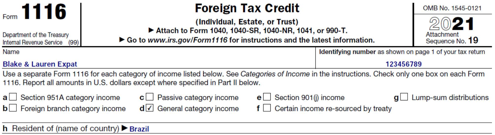 Form 1116 Foreign Tax Credit Example Showing Personal Information Sample Data