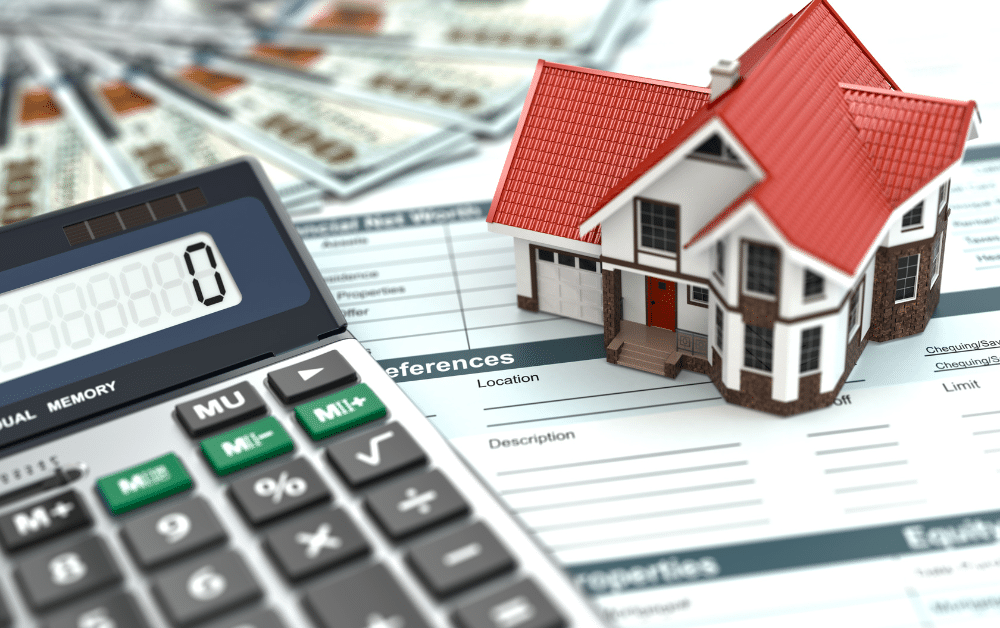 Alt Text: "Calculator, model house with red roof, and tax documents representing Foreign Housing Exclusion calculations for expats