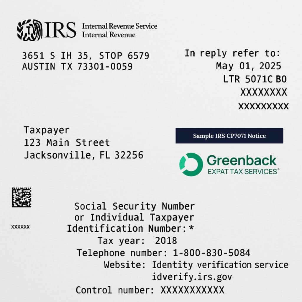 Sample IRS CP5071 notice showing the 14-digit control number and identity verification instructions