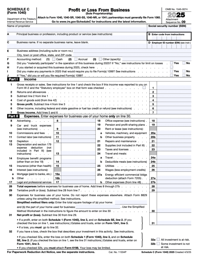 Form 1040 Schedule C Part 1 and 2