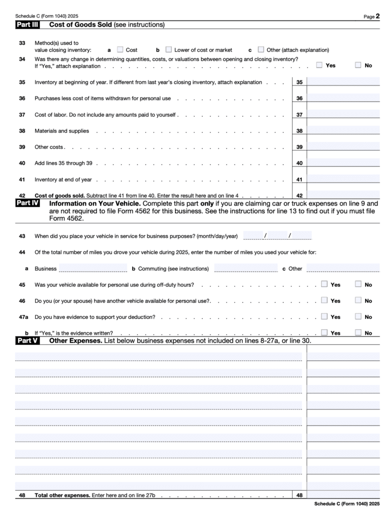 Form 1040 Schedule C Part 3, 4 and 5
