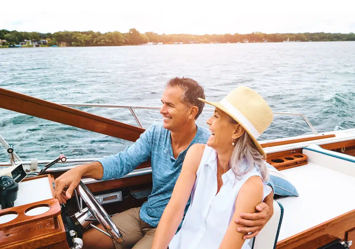 Retired couple enjoying time on a boat, representing retirement income and tax-friendly states