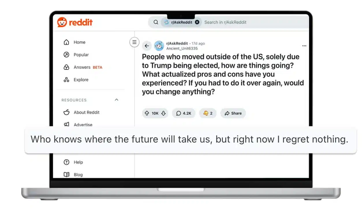 Screenshot of a Reddit AskReddit post titled “People who moved outside of the US, solely due to Trump being elected, how are things going?” displayed on a laptop, with a highlighted comment reading “Who knows where the future will take us, but right now I regret nothing.”