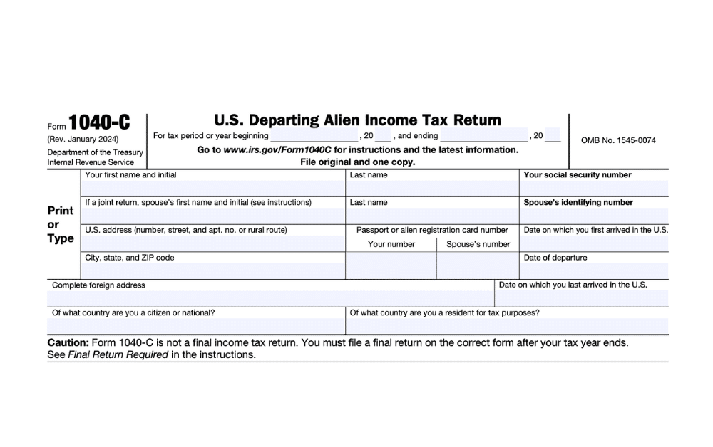 A close-up of IRS Form 1040-C, the U.S. Departing Alien Income Tax Return, showing the identification and residency sections required for individuals leaving the United States.