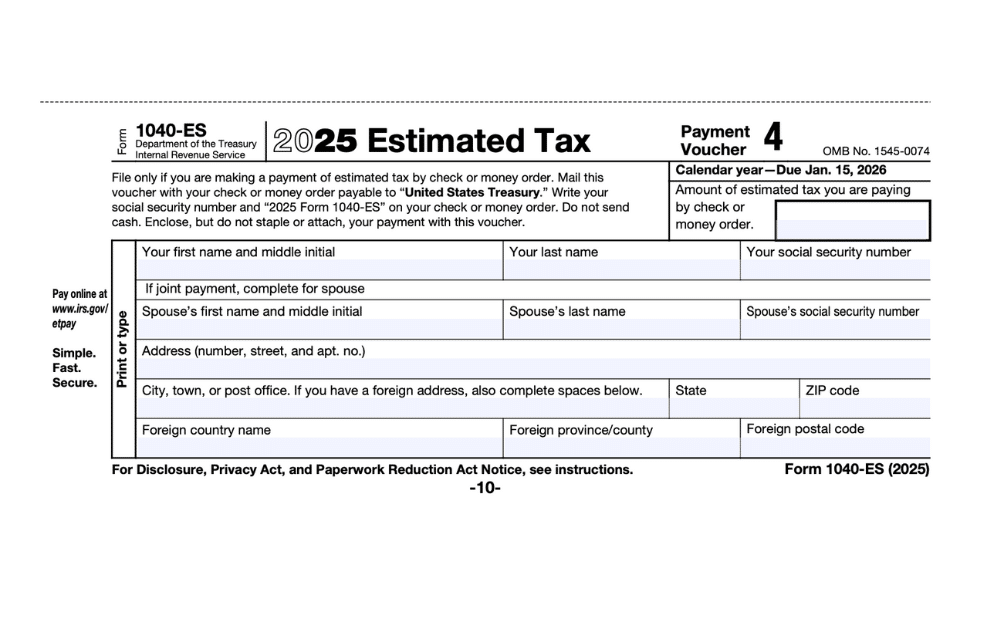 A close-up of IRS Form 1040-ES for 2025, showing the payment voucher section used by taxpayers to submit quarterly estimated tax payments.