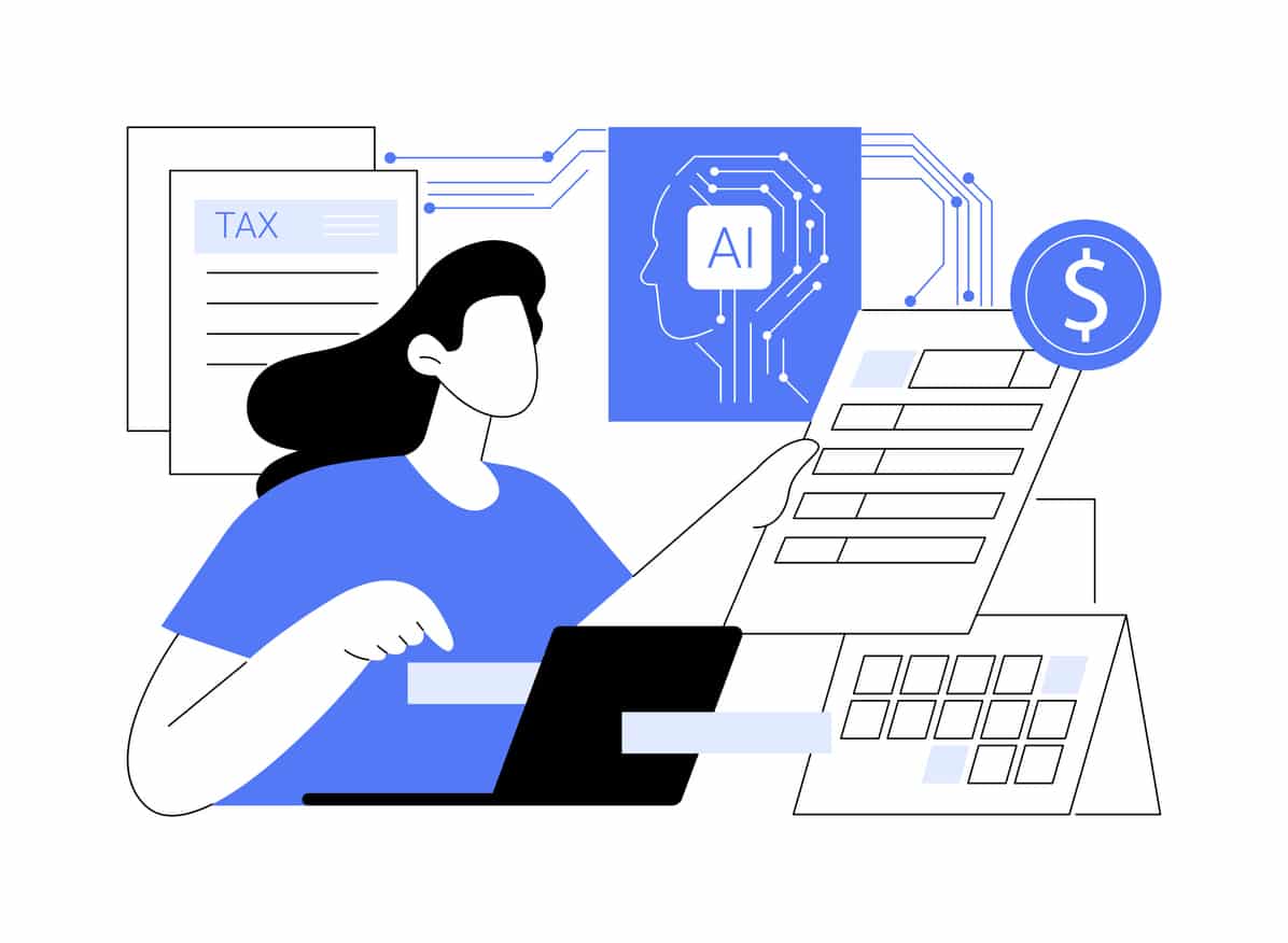 An illustration of a person working on a laptop with tax documents, a calendar, and an AI icon connected by digital circuit lines, representing the IRS using AI agents to process and review tax information.