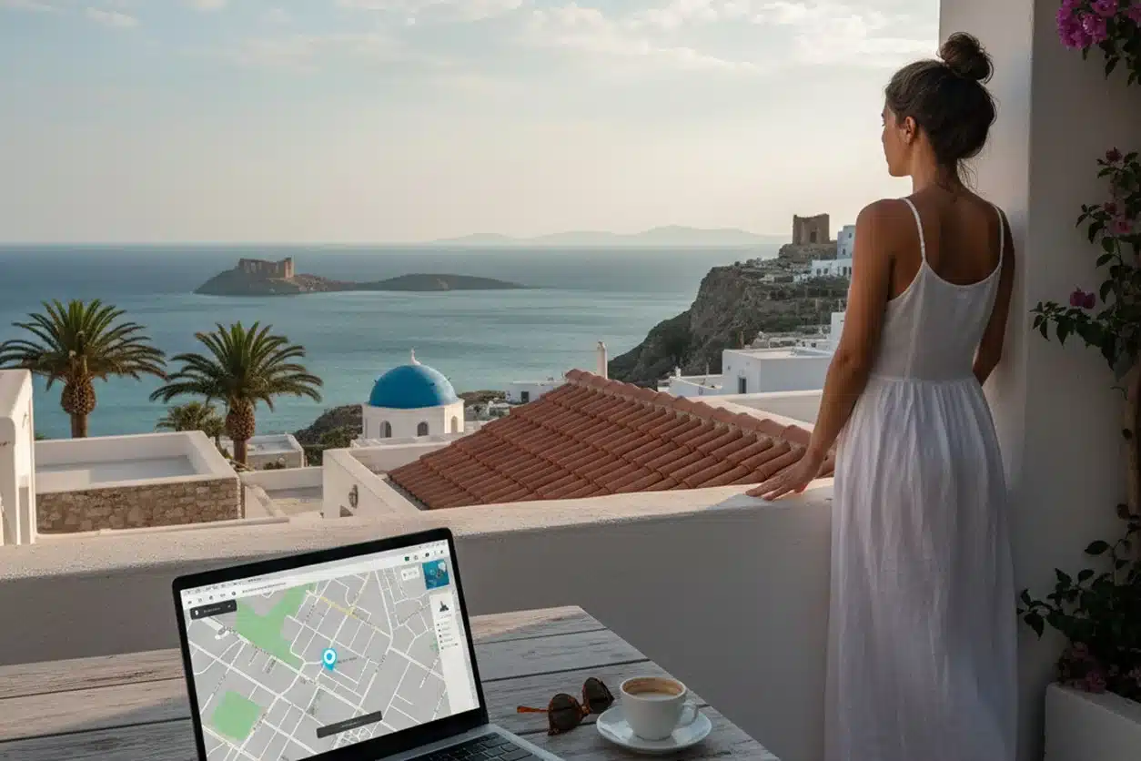 Woman standing in the balcony overlooking Santorini, Greece