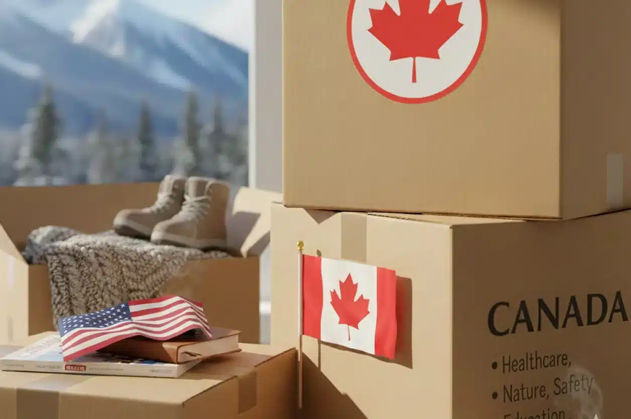 Moving boxes with Canadian flags and a U.S. flag