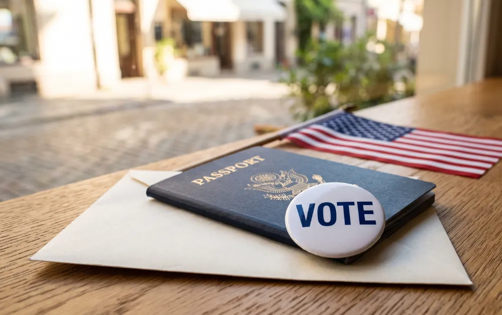 A round VOTE button on a U.S. passport with a softly blurred American flag, representing voting from abroad.
