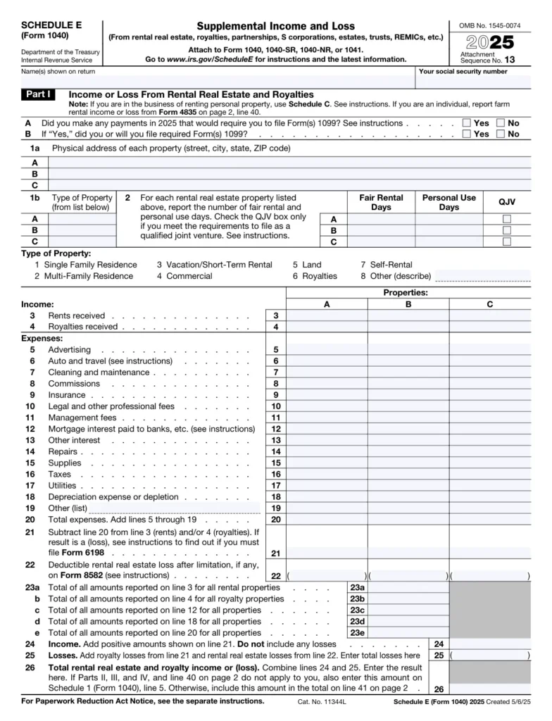 Schedule E Form 1040 Part I