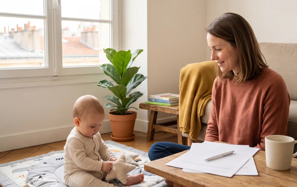 Mother sitting with her baby in an apartment abroad, reviewing paperwork on a low table beside them.