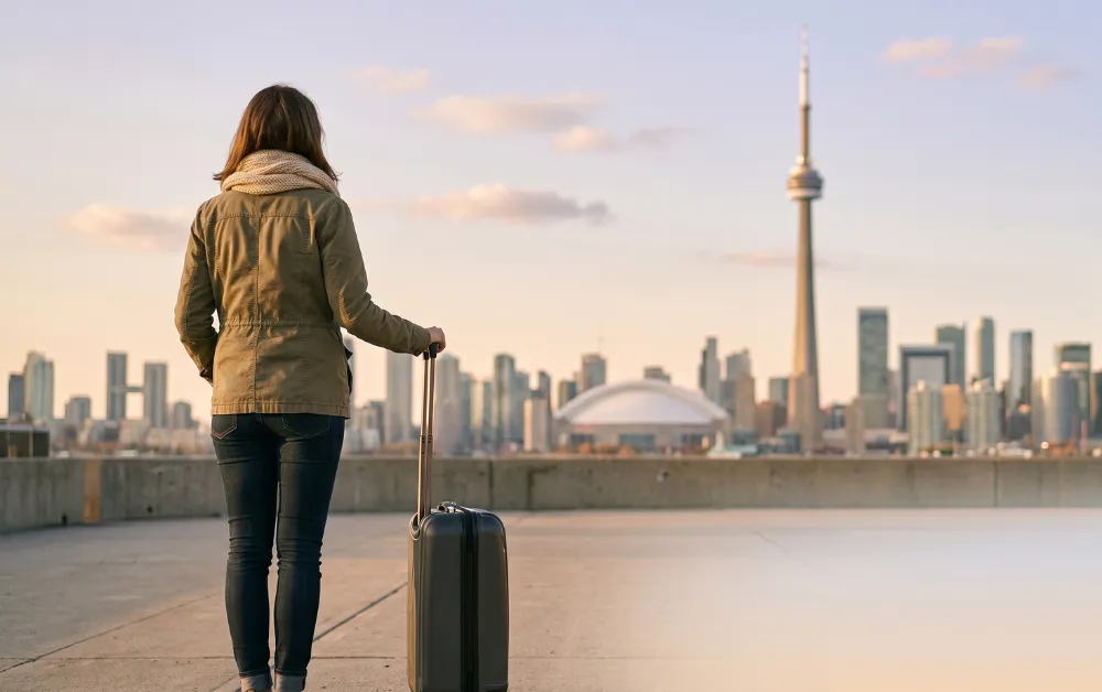 A traveler with a suitcase looks out at the Toronto skyline while planning a move to Canada.