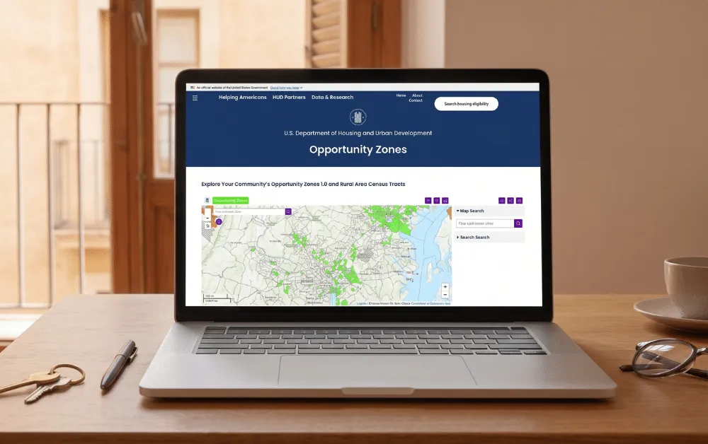 Laptop on a sunlit table in a southern European apartment showing the HUD Opportunity Zones page and map.