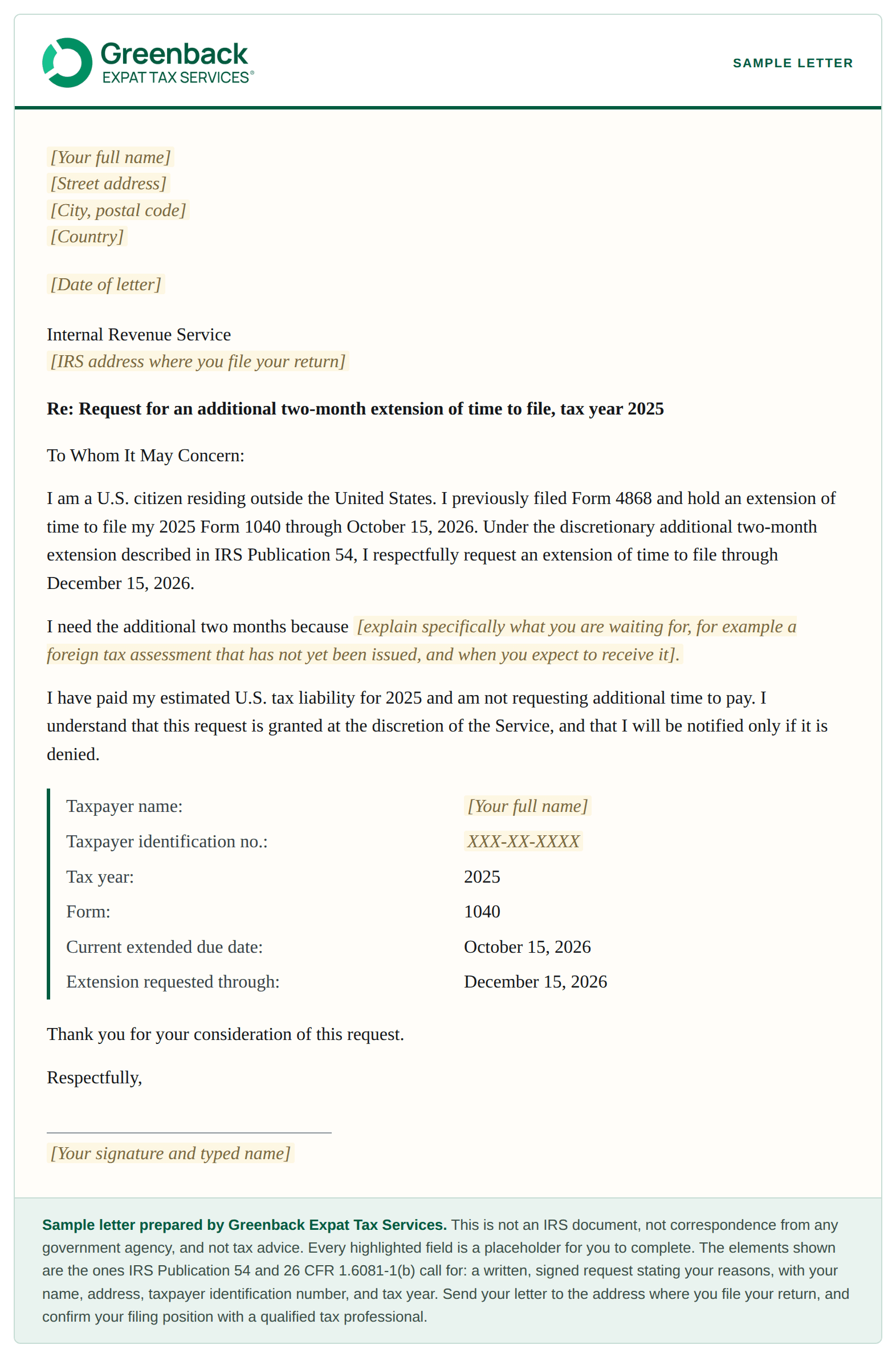 Sample letter requesting an additional two-month extension of time to file, with blank fields to complete.