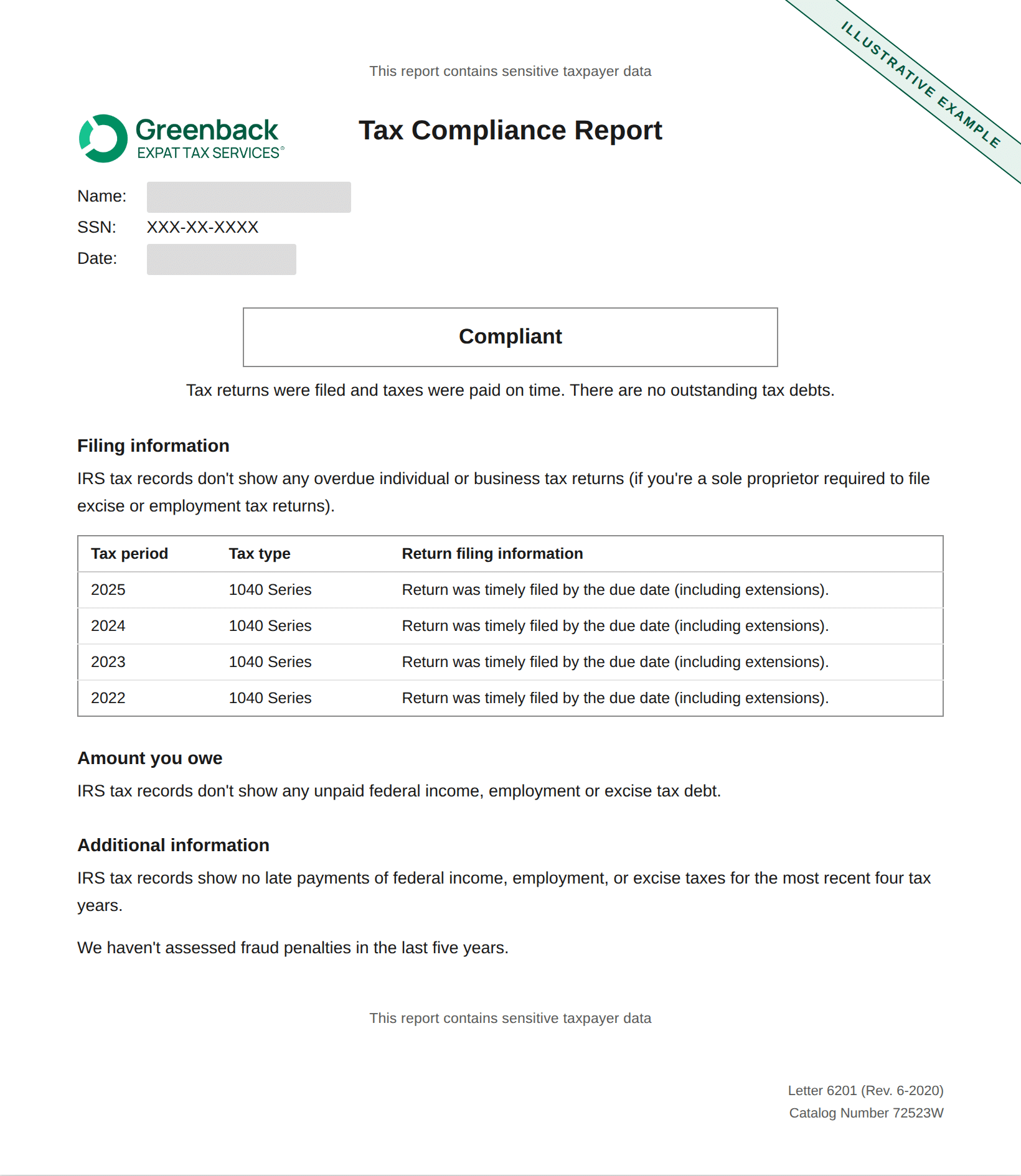 Sample IRS Tax Compliance Report showing a Compliant status box above a four-row filing table