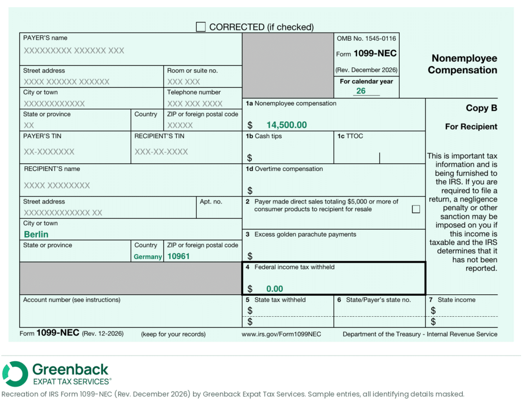 Sample Form 1099-NEC Copy B showing a foreign address in the recipient block with the country named, $14,500 in Box 1a and no federal tax withheld.