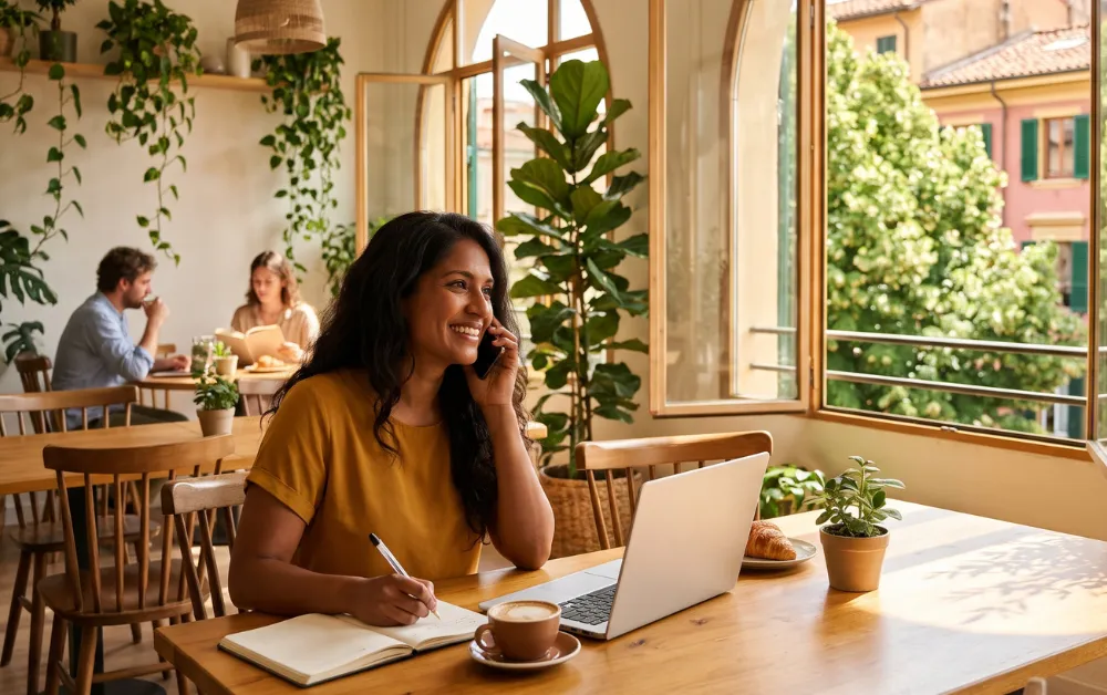 American working abroad on a phone call, taking notes on her foreign earned income exclusion