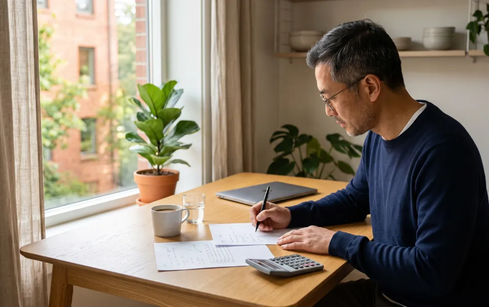 Man in glasses at a dining table by a window, pen in hand, doing a tax calculation on paper with a calculator.