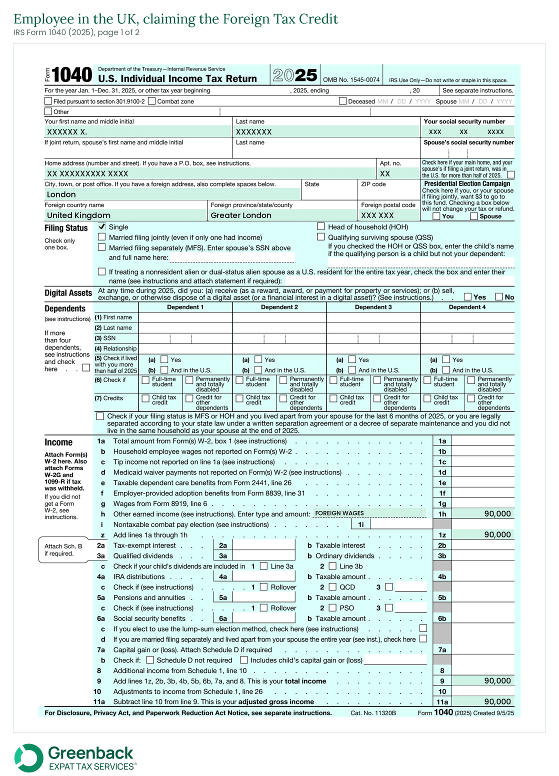 Page 1 of IRS Form 1040 for 2025 showing a UK salary of $90,000 entered on line 1h as other earned income, carrying through to total income and adjusted gross income of $90,000.