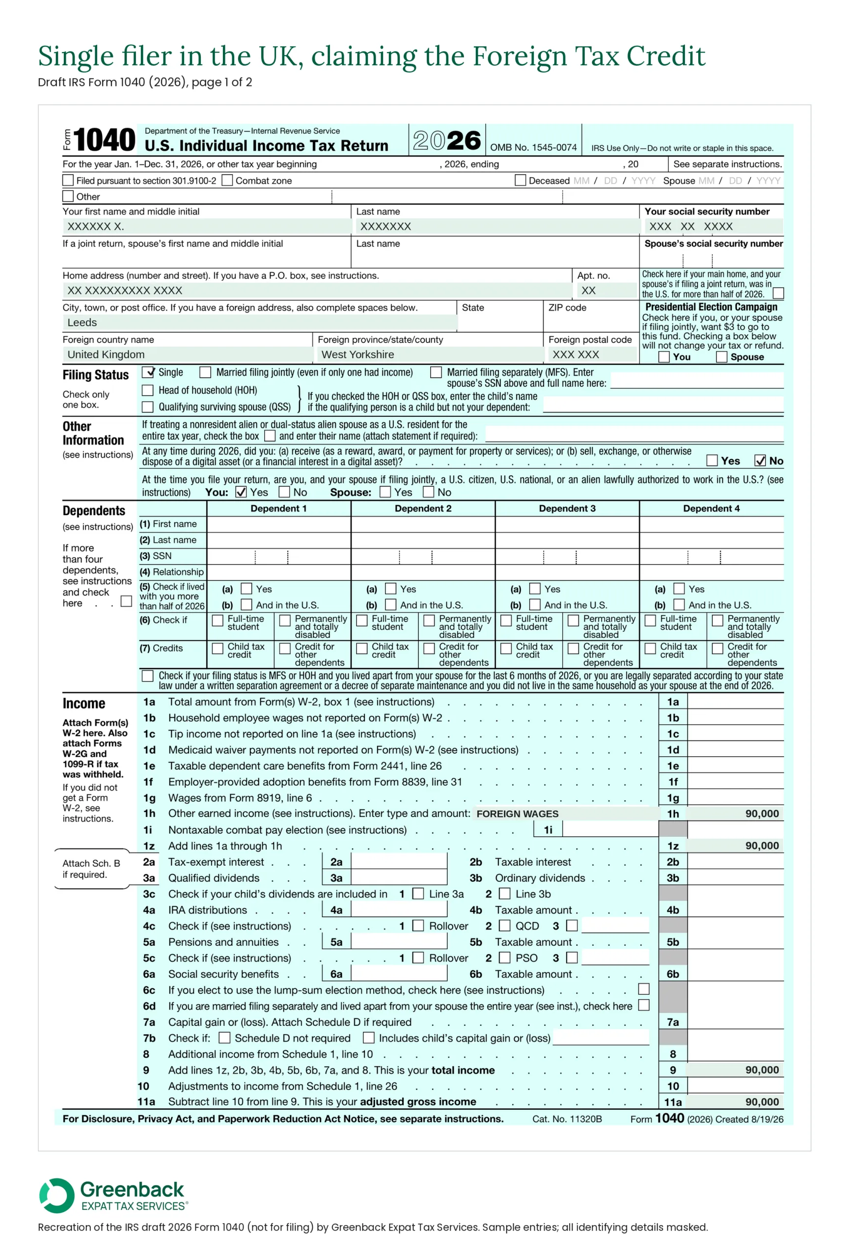 2026 Form 1040 example, first page: draft IRS 1040 for a single filer in the UK with $90,000 of foreign wages on line 1h